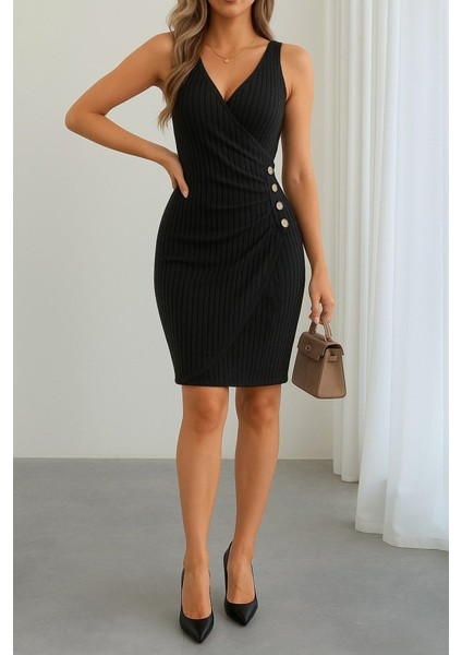 Ulak Handmader Kadın Askılı Kruvaze Yakalı Yandan Düğmeli Önden Asimetrik Kesim Detaylı Kalın Fitilli Kaşkorse Elbise