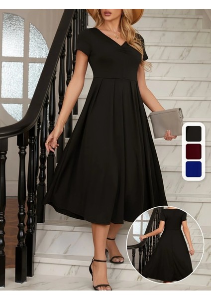 Ulak Handmader Kadın Kısa Kollu V Yakalı Önden Pileli Midi Janjan Krep Elbise