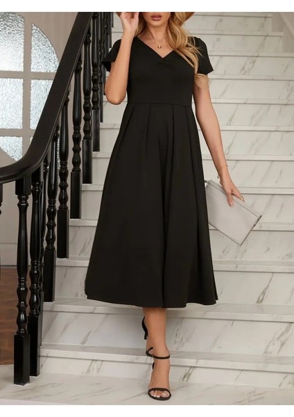 Ulak Handmader Kadın Kısa Kollu V Yakalı Önden Pileli Midi Janjan Krep Elbise fiyatları