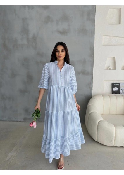 Ulak Handmader Çizgili Keten Hakim Yaka Düğmeli Salaş Elbise - Mavi