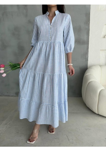 Ulak Handmader Çizgili Keten Hakim Yaka Düğmeli Salaş Elbise - Mavi modelleri