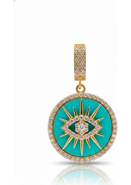 Yuvarlak Kirpik Mavi Mineli Altın Kolye Ucu