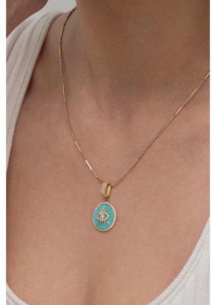 Yuvarlak Kirpik Mavi Mineli Altın Kolye Ucu modelleri