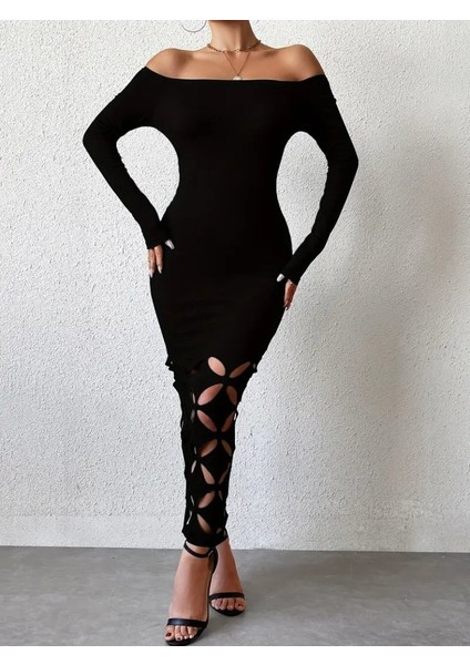 Ulak Handmader Kadın Madonna Yaka Uzun Kollu Lazer Çiçek Kesim Detaylı Uzun Ithal Krep Elbise fiyatları