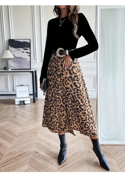 Ulak Handmader Kadın Uzun Kollu Bisiklet Yaka Ithal Krep Bluz Alt Desenli Modal Midi Elbise