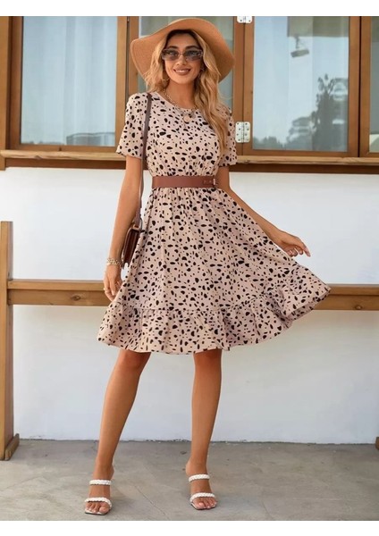 Ulak Handmader Kadın Kısa Kollu Bisiklet Yaka Desenli Süprem Elbise