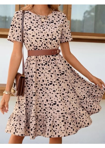 Ulak Handmader Kadın Kısa Kollu Bisiklet Yaka Desenli Süprem Elbise