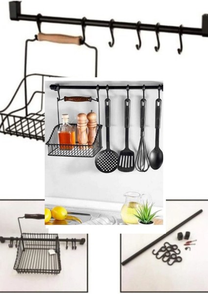 1.kalite Siyah Retro Mutfak Seti Askılı ve Sepetli Askı ve Kanca Mutfak Düzenleyici