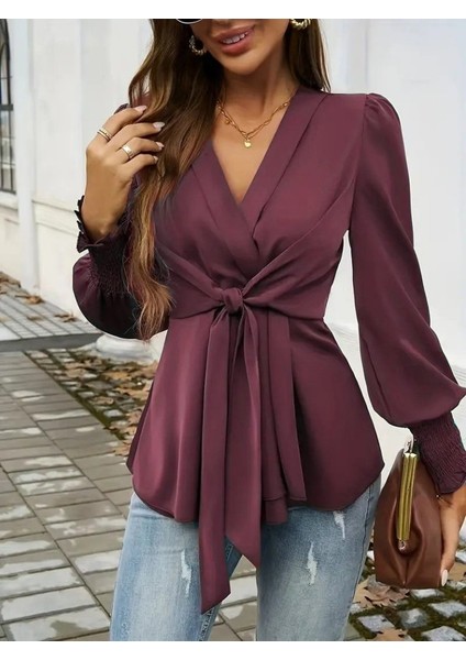 Ulak Handmader Kadın Uzun Kollu Kruvaze Yakalı Önden Bağlamalı Ithal Krep Bluz fiyatları