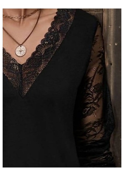 Ulak Handmader Kadın Uzun Kollu V Dantel Yakalı Viskon Bluz fiyatları