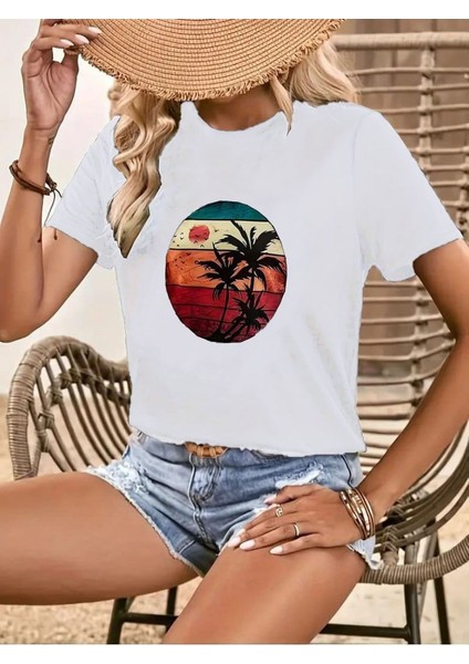 Ulak Handmader Kadın Kısa Kollu Palmiye Baskılı Viskon T-Shirt