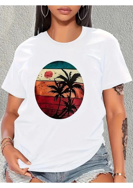 Ulak Handmader Kadın Kısa Kollu Palmiye Baskılı Viskon T-Shirt fiyatları