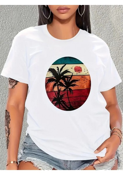 Ulak Handmader Kadın Kısa Kollu Palmiye Baskılı Viskon T-Shirt indirimleri