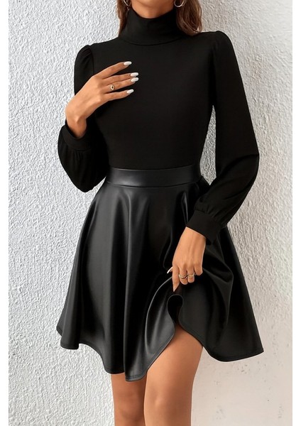 Ulak Handmader Kadın Uzun Kollu Balıkçı Yaka Üst Kaşkorse Alt Deri Detaylı Mini Elbise