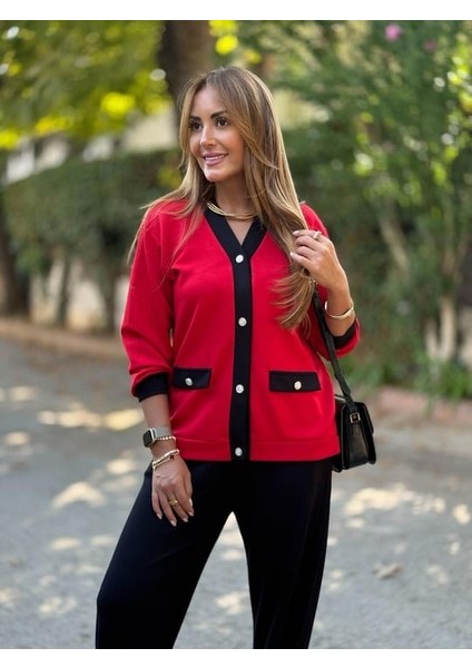 Ulak Handmader Kadın Uzun Kollu Ribanali Cep Detay Hırka ve Bol Paça Pantolon Ikili Takım