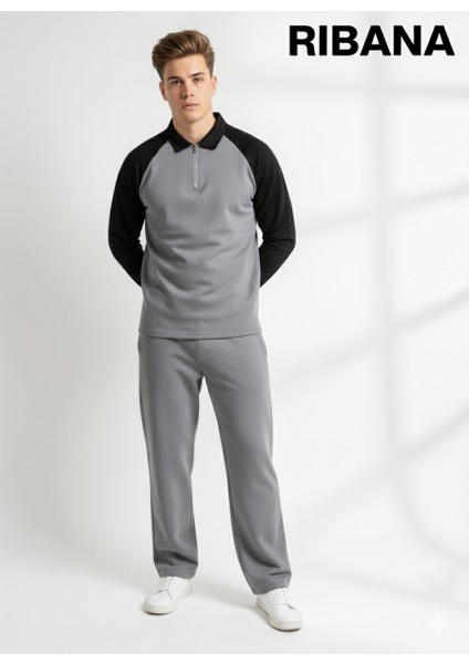 Unısex Baskılı Cepli Beli Lastikli Fermuarlı Gömlek Yaka Alt-Üst 2'li Takım