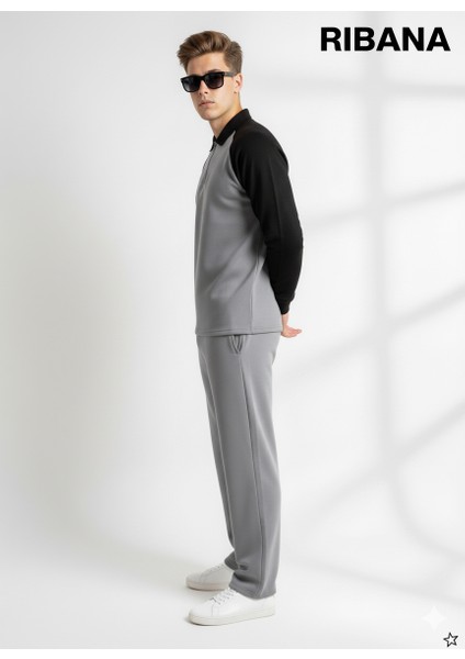 Unısex Baskılı Cepli Beli Lastikli Fermuarlı Gömlek Yaka Alt-Üst 2'li Takım modelleri