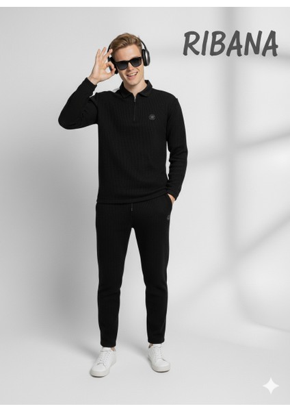 Unısex Baskılı Cepli Beli Lastikli Fermuarlı Gömlek Yaka Alt-Üst 2'li Takım