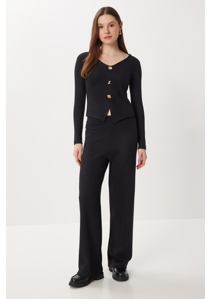 Gold Düğmeli Selanik Bluz Pantolon Takım LCI0059 Siyah