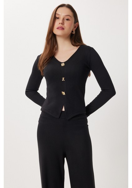 Gold Düğmeli Selanik Bluz Pantolon Takım LCI0059 Siyah modelleri