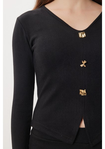 Gold Düğmeli Selanik Bluz Pantolon Takım LCI0059 Siyah fırsatları