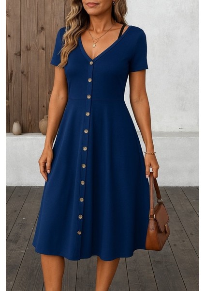 Ulak Handmader Kadın Kısa Kollu V Yakalı Önden Düğmeli A Kesim Dokuma Elbise