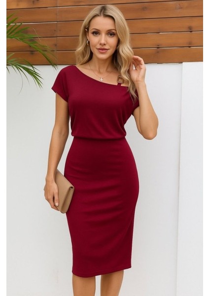 Ulak Handmader Kadın Kısa Kollu Tek Omuz Askı ve Aksesuar Detay Beli Lastikli Krep Elbise