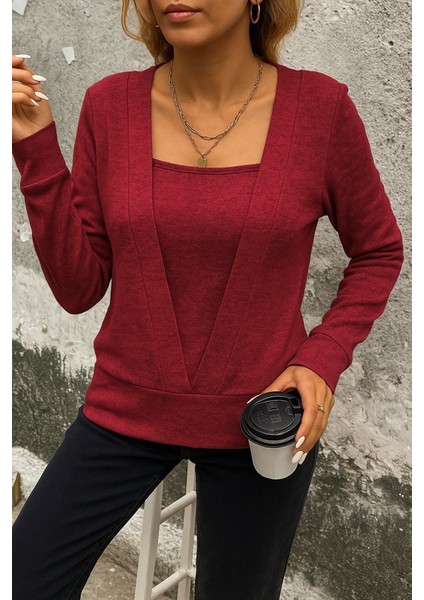 Ulak Handmader Kadın Uzun Kollu Kruvaze Yaka Kol ve Etek Ucu Manşet Detay Yumoş Bluz