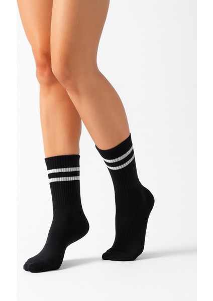 Kadın 2’li Tenis Çorabı – Siyah Beyaz Çizgili Spor Çorap – Nefes Alabilir Rahat Konçlu