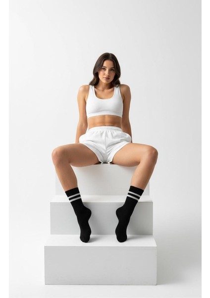 Kadın 2’li Tenis Çorabı – Siyah Beyaz Çizgili Spor Çorap – Nefes Alabilir Rahat Konçlu