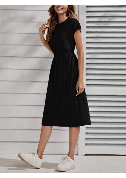 Ulak Handmader Kadın Kısa Kollu Bisiklet Yaka Belden Lastikli Midi Viskon Elbise modelleri