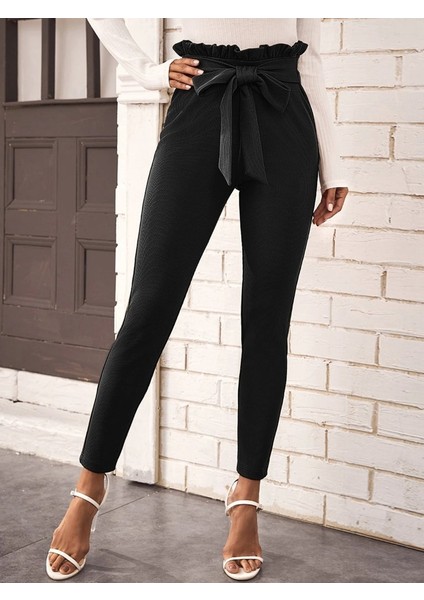 Ulak Handmader Kadın Yüksek Bel Beli Fırfırlı Önden Bağlamalı Ithal Krep Pantolon