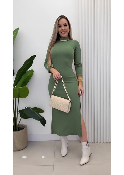 Ulak Handmader Kadın Uzun Kollu Balıkçı Yakalı Yanlardan Yırtmaçlı Kaşkorse Maxi Elbise modelleri