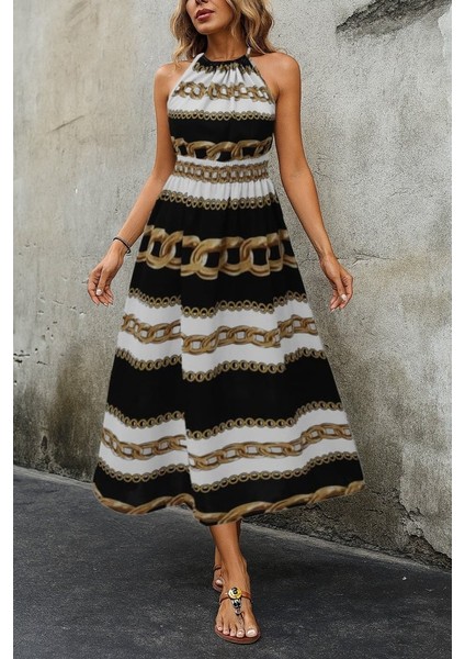 Ulak Handmader Kadın Kolsuz Boyundan Bağlamalı Beli Lastikli Dijital Baskı Süprem Uzun Elbise modelleri