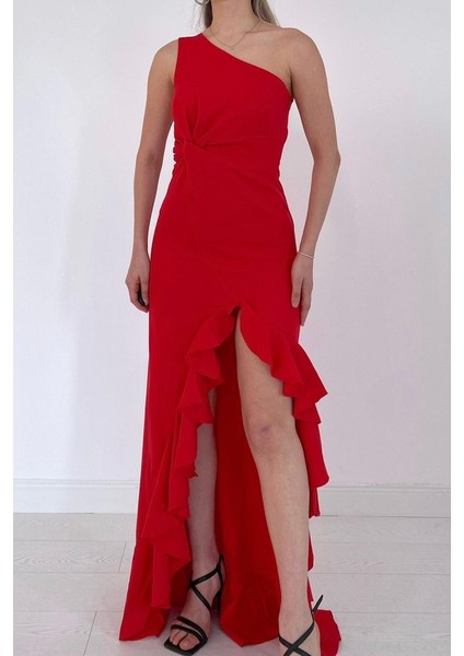 Ulak Handmader Kırmızı Yırtmaçlı Volanlı Elbise fırsatları