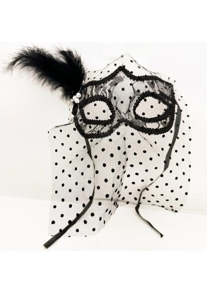 Siyah Puantiyeli Duvaklı Incili Parti Maskesi