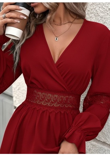 Ulak Handmader Kadın Uzun Kollu Kruvaze Yakalı Dantelli Fermuar Detaylı Mini Ithal Krep Elbise fiyatları