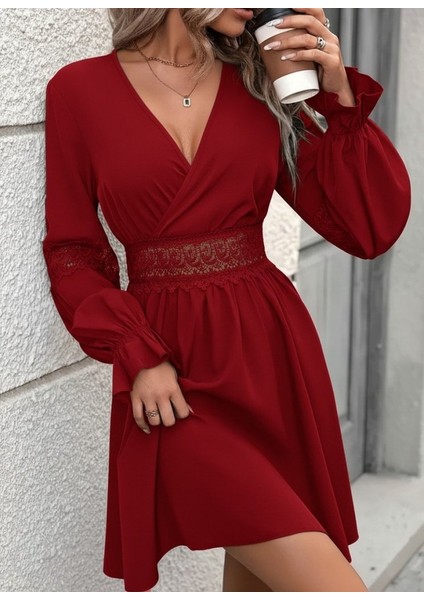 Ulak Handmader Kadın Uzun Kollu Kruvaze Yakalı Dantelli Fermuar Detaylı Mini Ithal Krep Elbise fırsatları