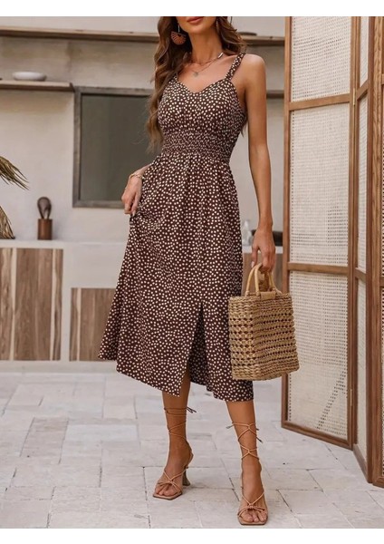 Ulak Handmader Kadın Askılı V Yakalı Beli Lastikli Yırtmaçlı Süprem Midi Elbise fiyatları