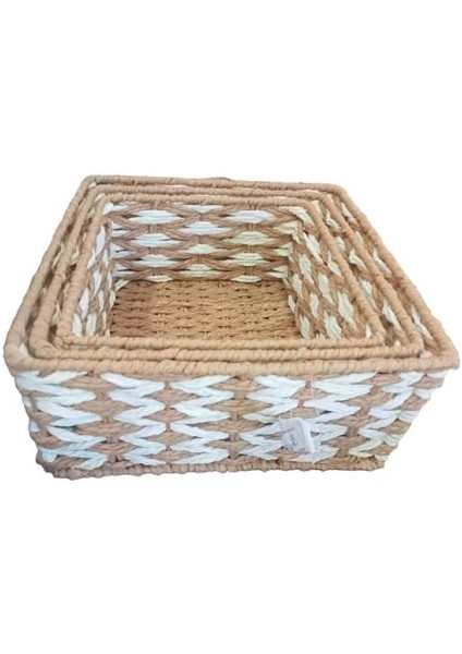 Kare Örgü Desenli Doğal Hasır Sepet Seti - 3'lü
