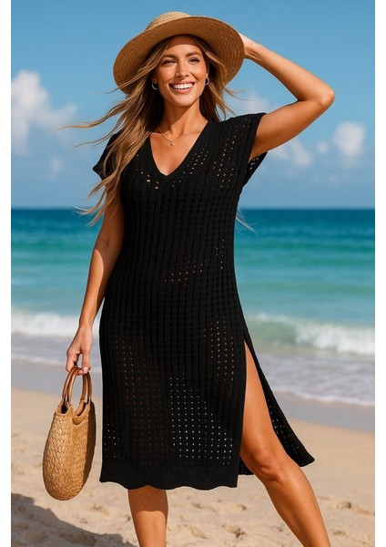 Ulak Handmader Kadın Sıfır Kol V Yaka Yanı Derin Yırtmaçlı Midi Boy Triko Elbise