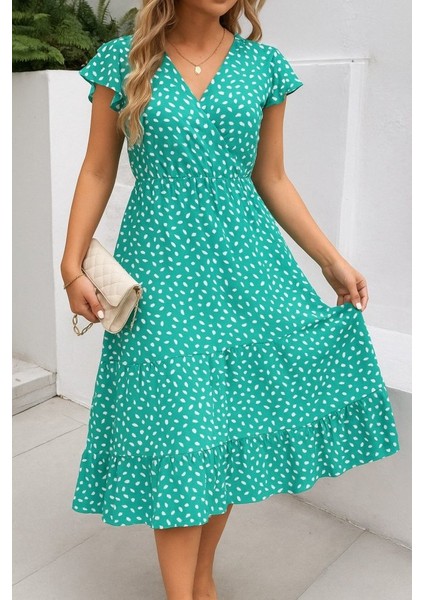 Ulak Handmader Kadın Kısa Kollu Kruvaze Yaka Beli Lastikli Çiçek Desenli Elbise