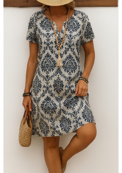 Ulak Handmader Kadın Kısa Kollu Çentik Yaka Çiçek Desenli Keten Elbise