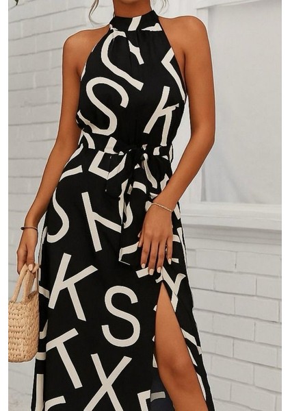 Ulak Handmader Kadın Omuzlardan Açık Halter Yakalı Yırtmaçlı Çiçek Desenli Süprem Elbise fiyatları