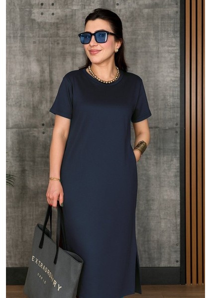 Ulak Handmader Kadın Kısa Kollu Bisiklet Yaka Yırtmaçlı Viskon Iki Iplik Elbise fırsatları