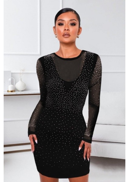 Ulak Handmader Kadın Uzun Kollu Yuvarlak Yaka Dekolteli Taşlı Dalgıç Elbise fırsatları