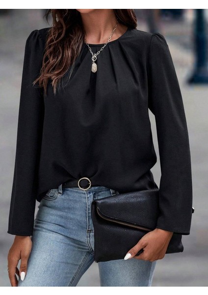 Ulak Handmader Kadın Uzun Kollu Yuvarlak Önden Pileli Ithal Krep Bluz indirimleri