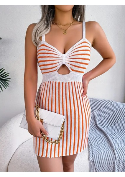 Ulak Handmader Kadın Kolsuz Askılı Pencere Detay Şerit Desen Mini Triko Elbise modelleri