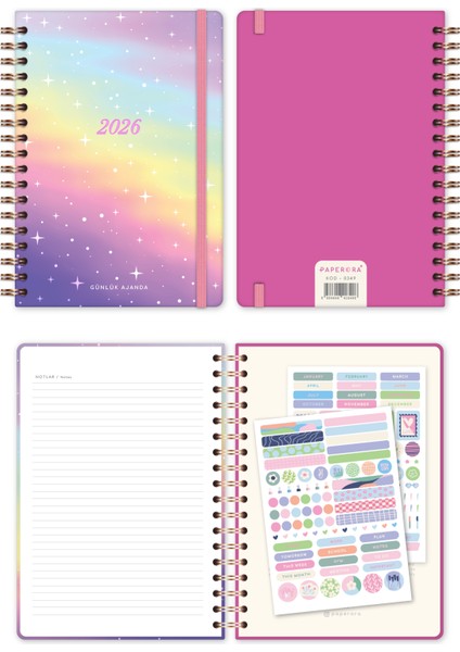 2026 Spiralli Günlük Ajanda 12 Aylık – 17X24 cm Gökkuşağı