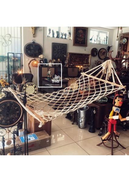 Pamuk Ipli Ahşap Destekli El Örgüsü Dekoratif Hamak Şık Bahçe Balkon Salıncağı Dinlenme Dekor Ürünü